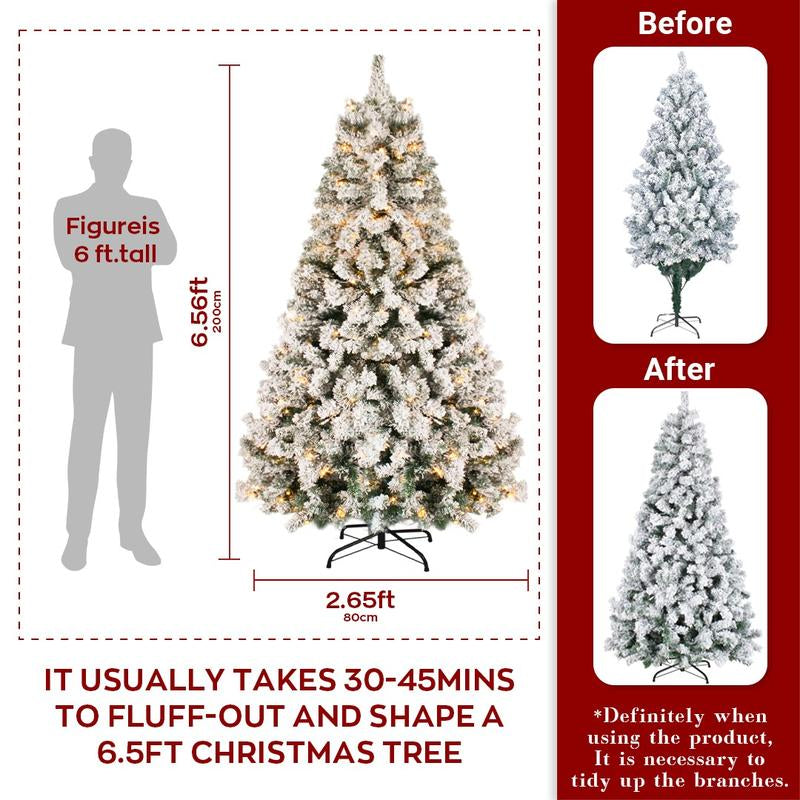 OTM 6.5FT Pre-Lit Artificial Christmas Tree with with 250 Multi-Color & Warm White LED Lights, 9 Lighting Modes, Snow Flocked Full Prelighted Xmas Tree with Foldable Stand Decor Decoration Ornaments, Includes Storage Bag, White
