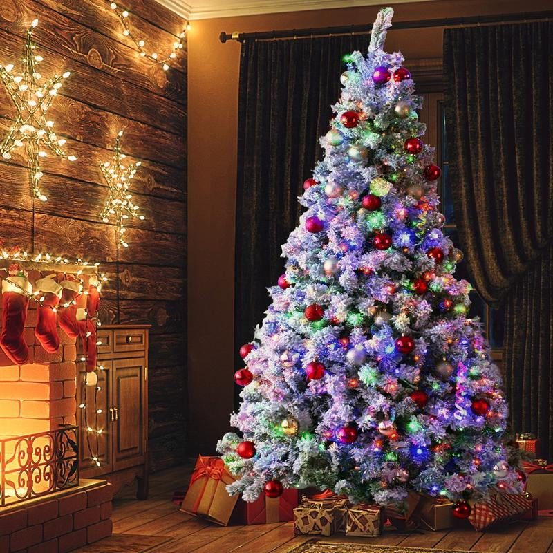 OTM 6.5FT Pre-Lit Artificial Christmas Tree with with 250 Multi-Color & Warm White LED Lights, 9 Lighting Modes, Snow Flocked Full Prelighted Xmas Tree with Foldable Stand Decor Decoration Ornaments, Includes Storage Bag, White