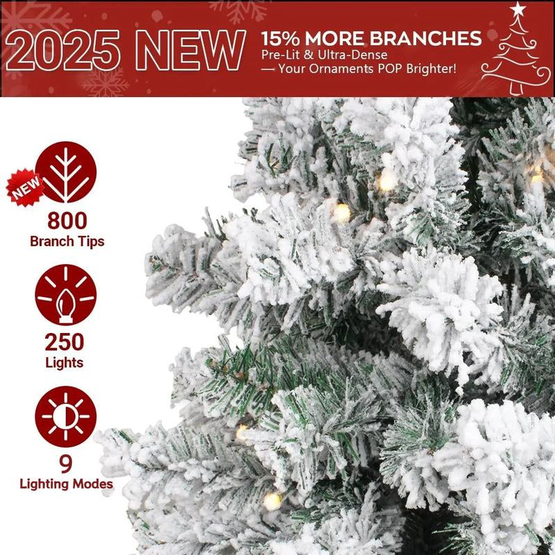 OTM 6.5FT Pre-Lit Artificial Christmas Tree with with 250 Multi-Color & Warm White LED Lights, 9 Lighting Modes, Snow Flocked Full Prelighted Xmas Tree with Foldable Stand Decor Decoration Ornaments, Includes Storage Bag, White