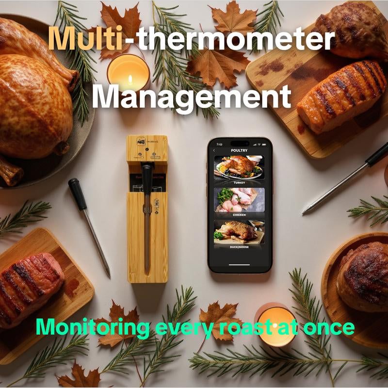 Probe plus Bluetooth Wireless Meat Thermometer Digital for BBQ Grill Oven Smoker Air Fryer Kitchen FDA Certified Food Safe Rechargeable Eco Friendly Multi-Probe Management Real Time Smartphone Monitoring High Precision Measurement Stainless Steel Probes
