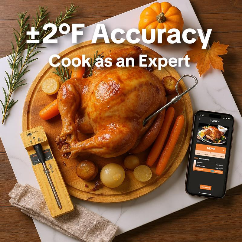 Probe plus Bluetooth Wireless Meat Thermometer Digital for BBQ Grill Oven Smoker Air Fryer Kitchen FDA Certified Food Safe Rechargeable Eco Friendly Multi-Probe Management Real Time Smartphone Monitoring High Precision Measurement Stainless Steel Probes
