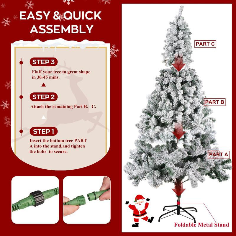 OTM 6.5FT Pre-Lit Artificial Christmas Tree with with 250 Multi-Color & Warm White LED Lights, 9 Lighting Modes, Snow Flocked Full Prelighted Xmas Tree with Foldable Stand Decor Decoration Ornaments, Includes Storage Bag, White