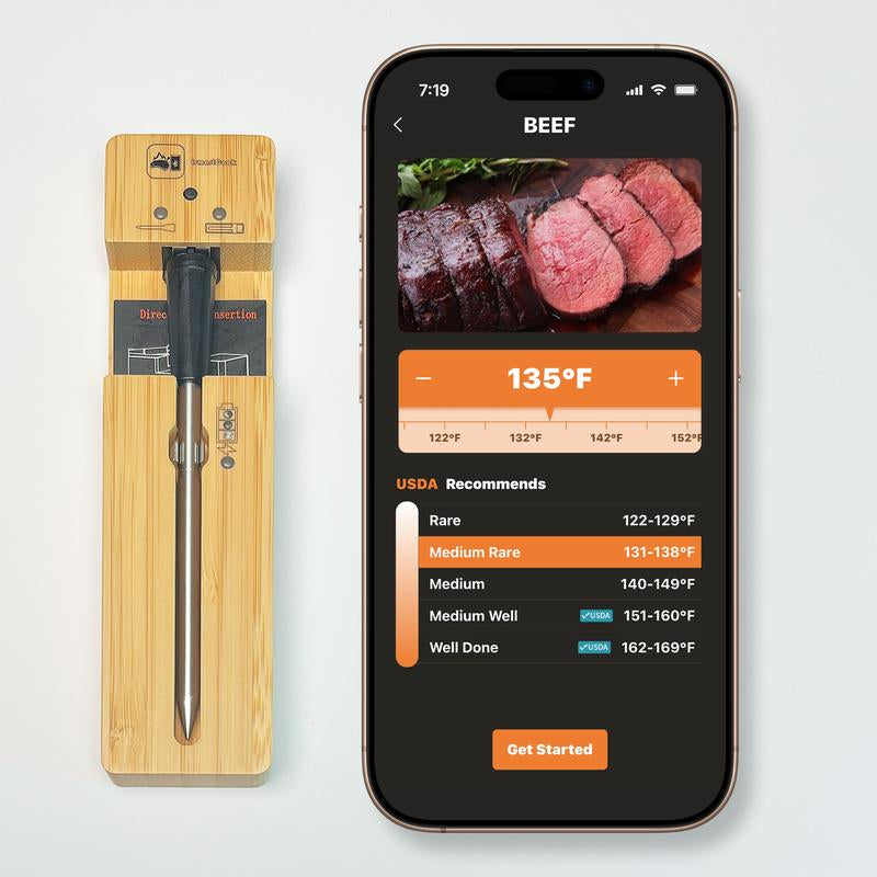 Probe plus Bluetooth Wireless Meat Thermometer Digital for BBQ Grill Oven Smoker Air Fryer Kitchen FDA Certified Food Safe Rechargeable Eco Friendly Multi-Probe Management Real Time Smartphone Monitoring High Precision Measurement Stainless Steel Probes
